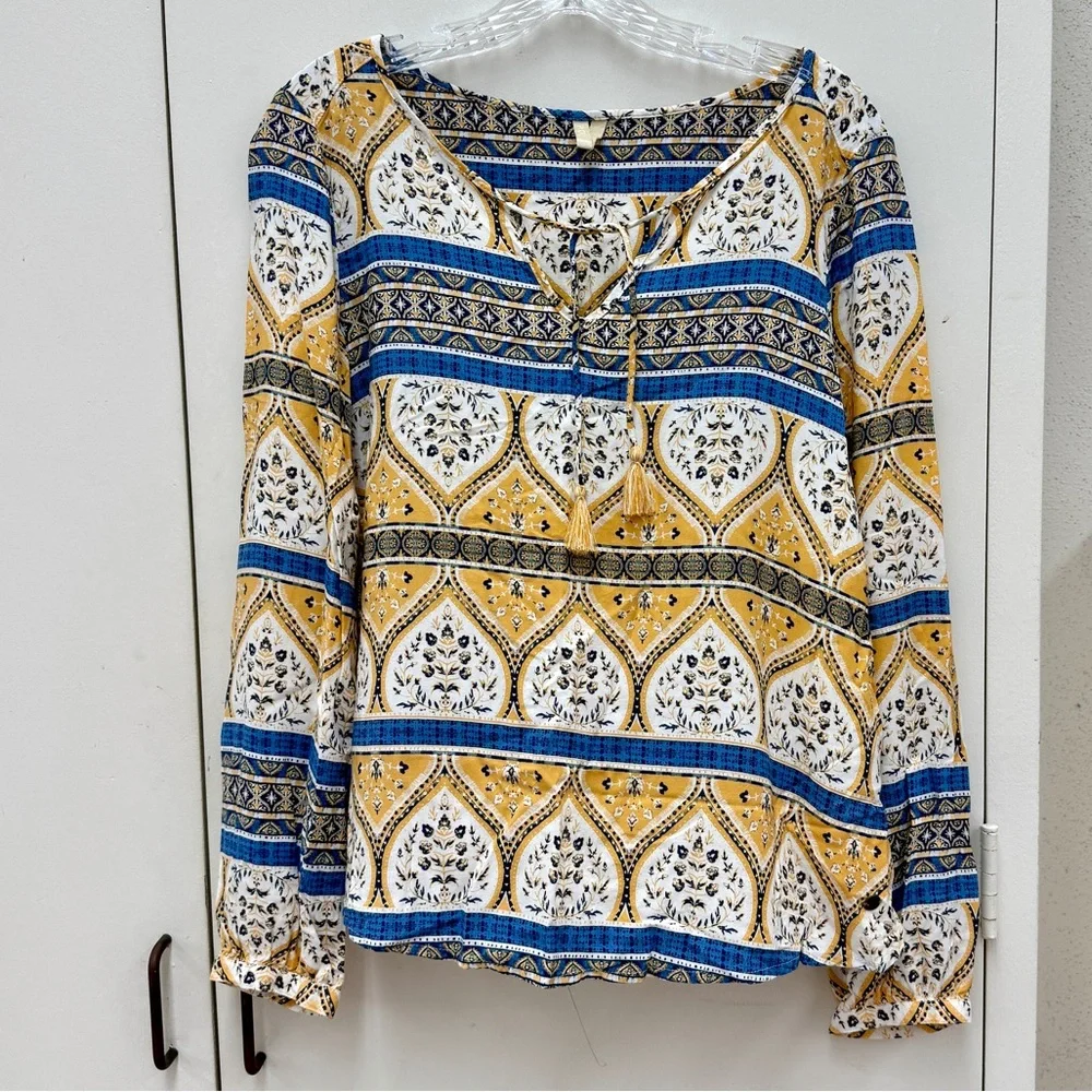 Roxy Women’s Boho Patterned Blouse - Yellow and Blue Size Small Bohemian